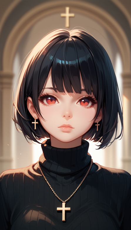 神秘, 黑发, 少女, 动漫, 二次元, 教堂, 冷艳, 优雅, 十字架, 红瞳