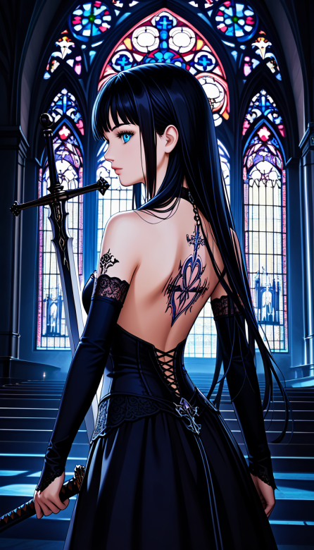 黑发, 少女, 持剑, 教堂, 动漫, 二次元, 冷艳, 神秘, 战士, 黑色礼服