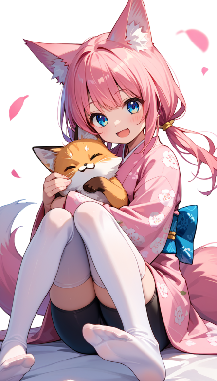 猫耳, 粉发, 少女, 动漫, 二次元, 温馨, 可爱, 治愈, 狐狸, 和服